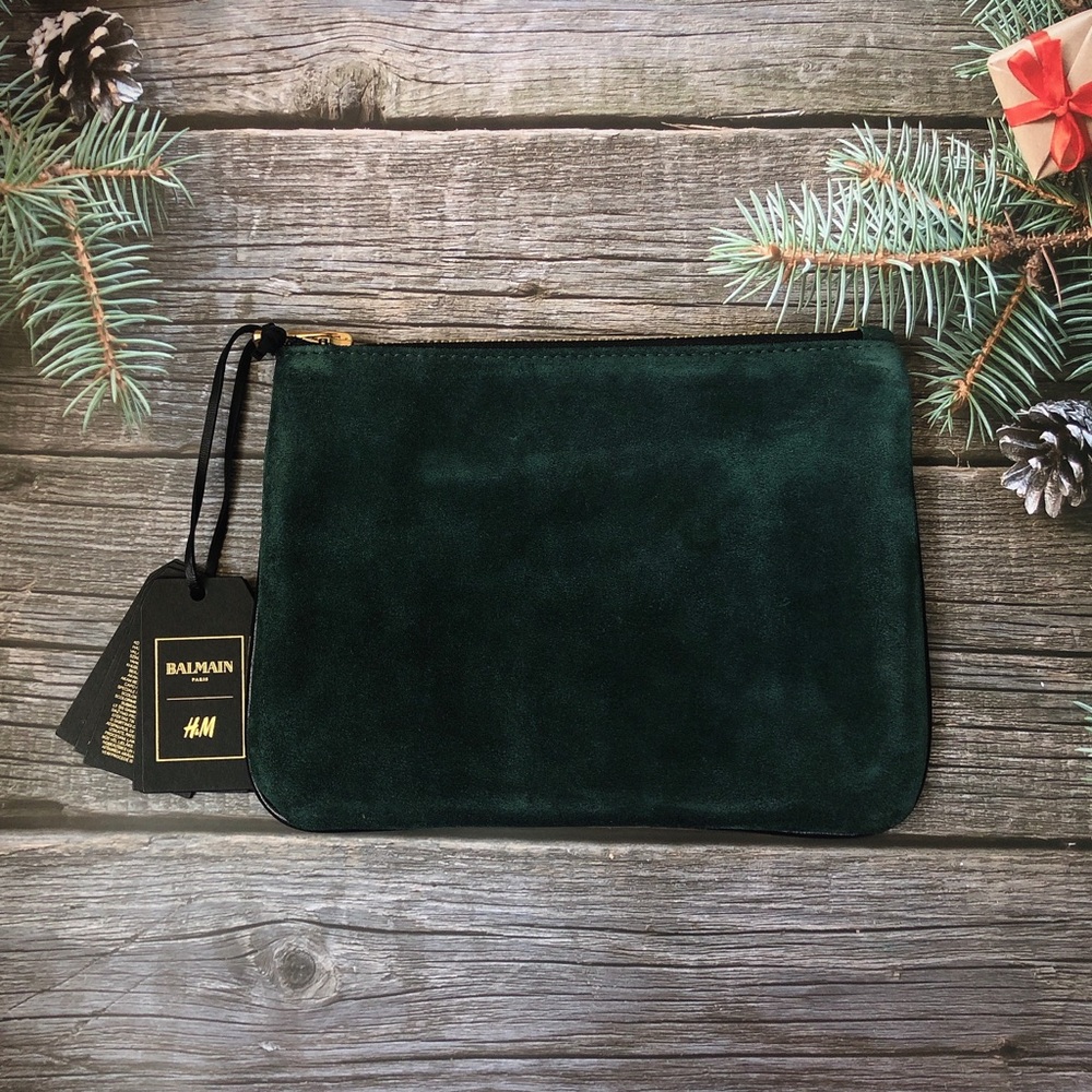 Balmain x H&M Green Red Navy Suede Leather Clutch